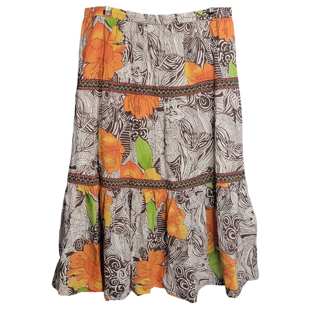 Choices Floral Tiered Midi Skirt Large Brown Orange Boho Flora Vtgl Cottage Core
